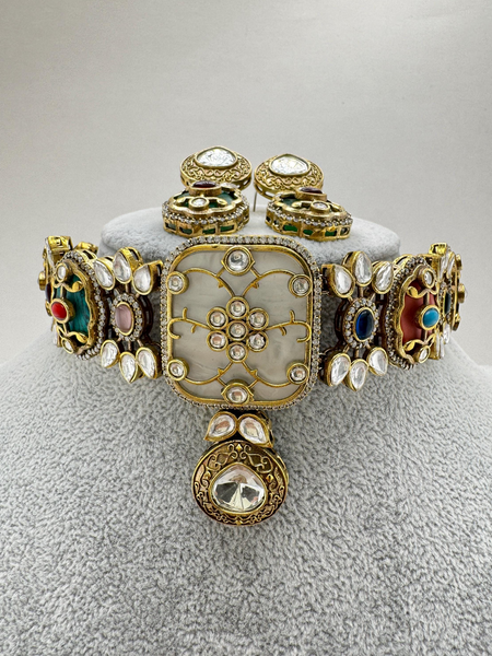 Multi Victorian Sabyasachi-inspired Moissanite polki Kundan choker Necklace Set