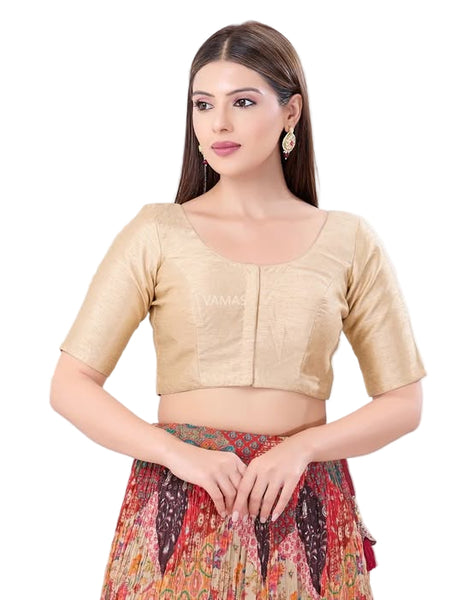 Light Gold Dupion Silk Padded Front Open Elbow Sleeves Readymade Blouse
