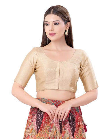 Light Gold Dupion Silk Padded Front Open Elbow Sleeves Readymade Blouse
