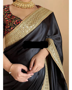 Black Satin Saree with Gold Border with Multicolor Embroidered Blouse