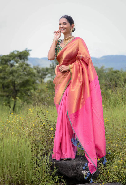 Elegant pink and gold half-and-half cotton-acrylic saree with zari-striped pallu