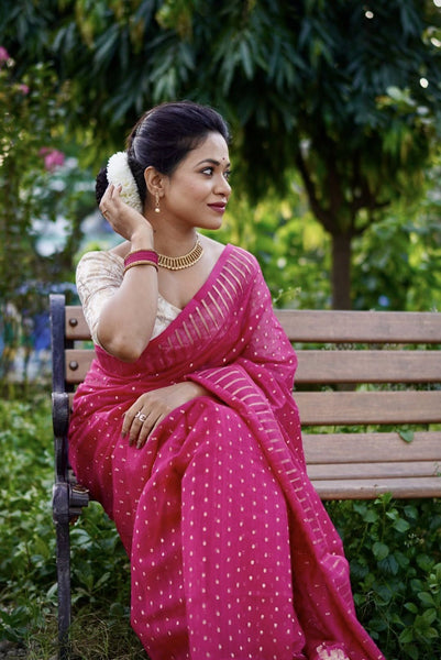 Dark Pink & Gold Handwoven Zari Jamdani Saree