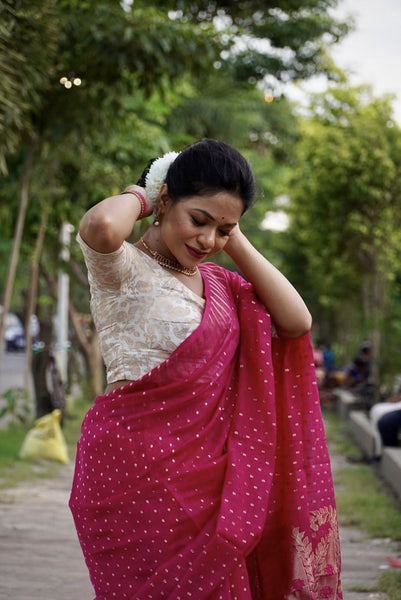 Dark Pink & Gold Handwoven Zari Jamdani Saree