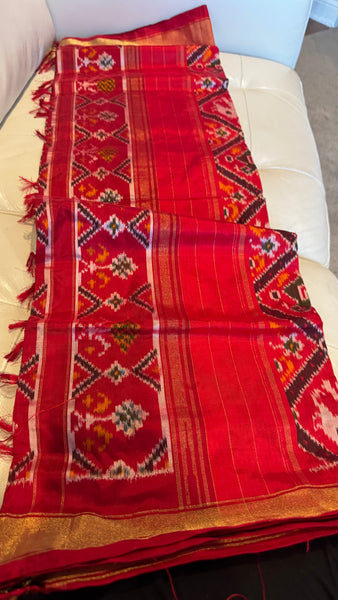 Pure Ikkat Double Weaving Silk Red and Multicolor Saree