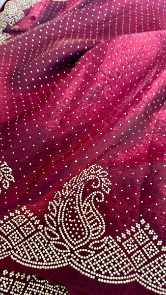 Deep Maroon Silk Crepe All-Over Stone Embellished Saree
