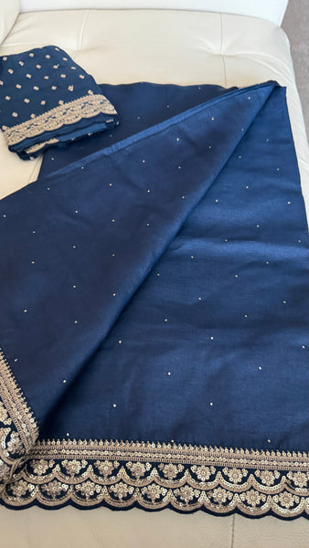 Midnight Blue Tussar Silk Saree with Zardosi Border