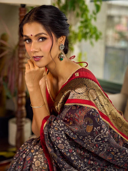 Dark Grey All-Over Kalamkari Floral Chanderi Saree with Gold Woven Zari Border & Maroon Hem Accent