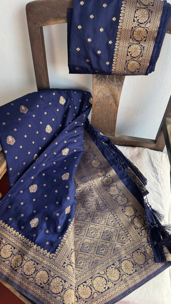 Navy Blue and Gold Pure Tussar Crepe Silk Saree