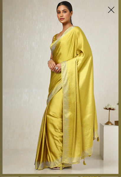 Mustard Green Satin Embellished Saree With Stone Work