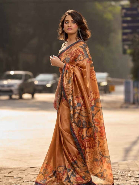 Mustard Tan Blended Silk Saree with Traditional Kalamkari Print