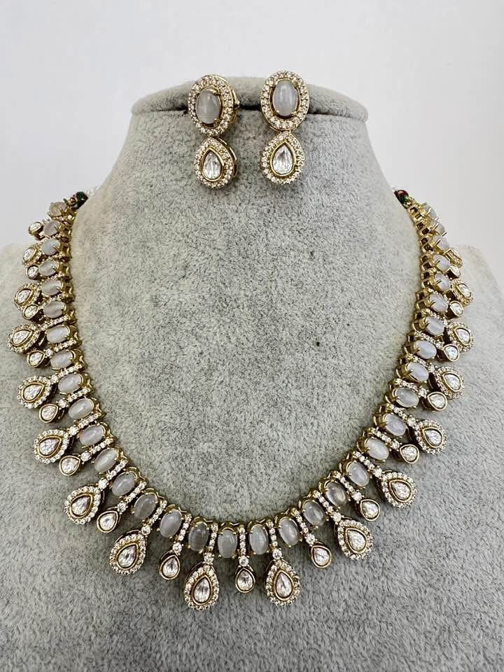 White Victorian Moissanite polki Cz diamond Necklace and Earring Set