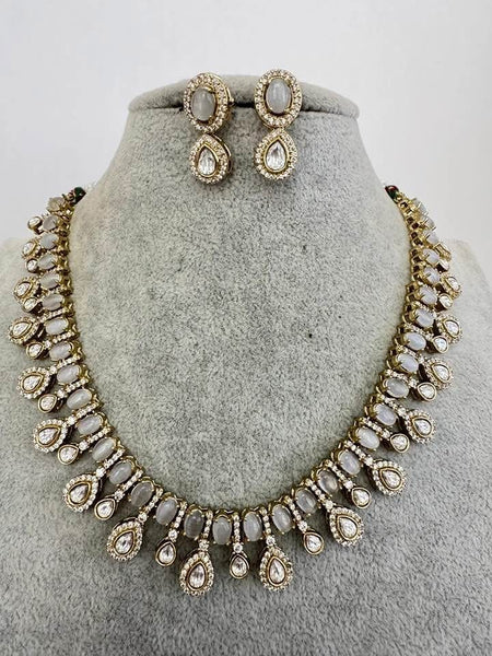 White Victorian Moissanite polki Cz diamond Necklace and Earring Set