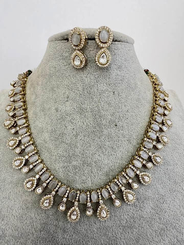 White Victorian Moissanite polki Cz diamond Necklace and Earring Set