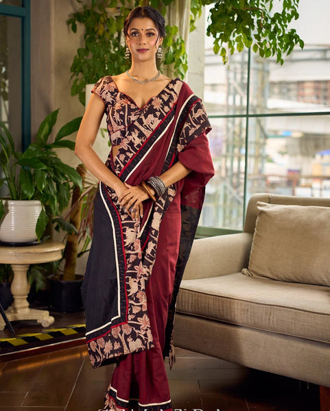 Maroon-Black Dual-Tone Cotton Saree with Kalamkari Border & Pallu