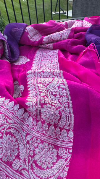 Purple and Hot Pink  Pure Handwoven Khaddi Banarasi Chiffon Georgette Saree