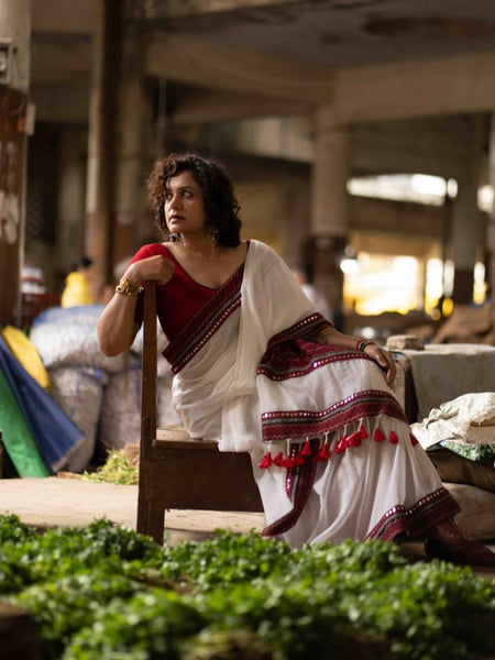 White Mul Cotton Saree with Ikat-Jamdani Border & Sparkling Mirror Lace Detailing