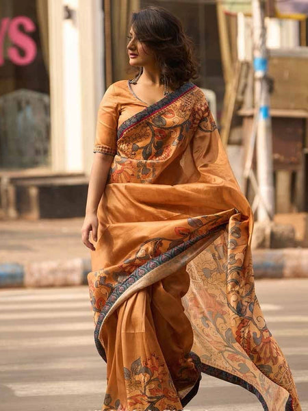 Mustard Tan Blended Silk Saree with Traditional Kalamkari Print