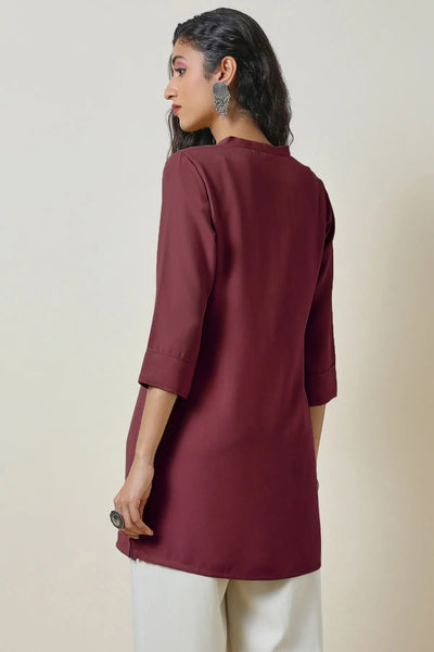 Maroon Mandarin Collar Stone Yoke Design Tunic