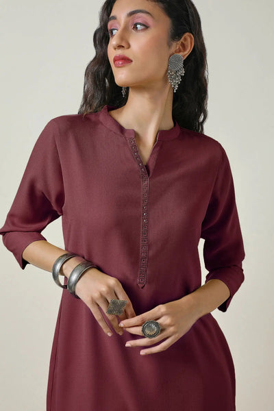 Maroon Mandarin Collar Stone Yoke Design Tunic