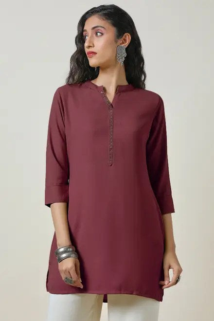 Maroon Mandarin Collar Stone Yoke Design Tunic