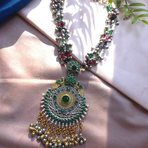 Silveralike Dualtone Brass Kundan Green Choker Necklace Set