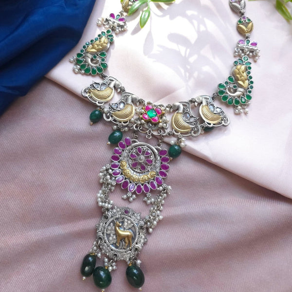 Silveralike Dualtone Brass Kundan Multicolor Green Choker Necklace Set