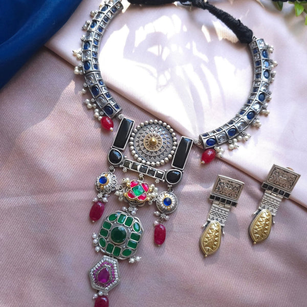 Silveralike Dualtone Multicolor Brass Choker Hasli Necklace and Earring Set