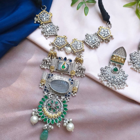 Silveralike Dualtone Brass Choker Necklace and Earring Set