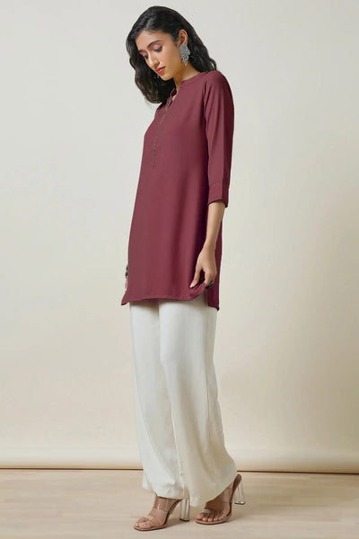 Maroon Mandarin Collar Stone Yoke Design Tunic