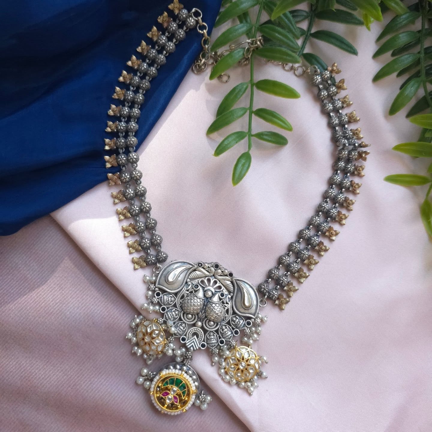 Silveralike Dualtone Brass Choker Stone Necklace and Earring Set