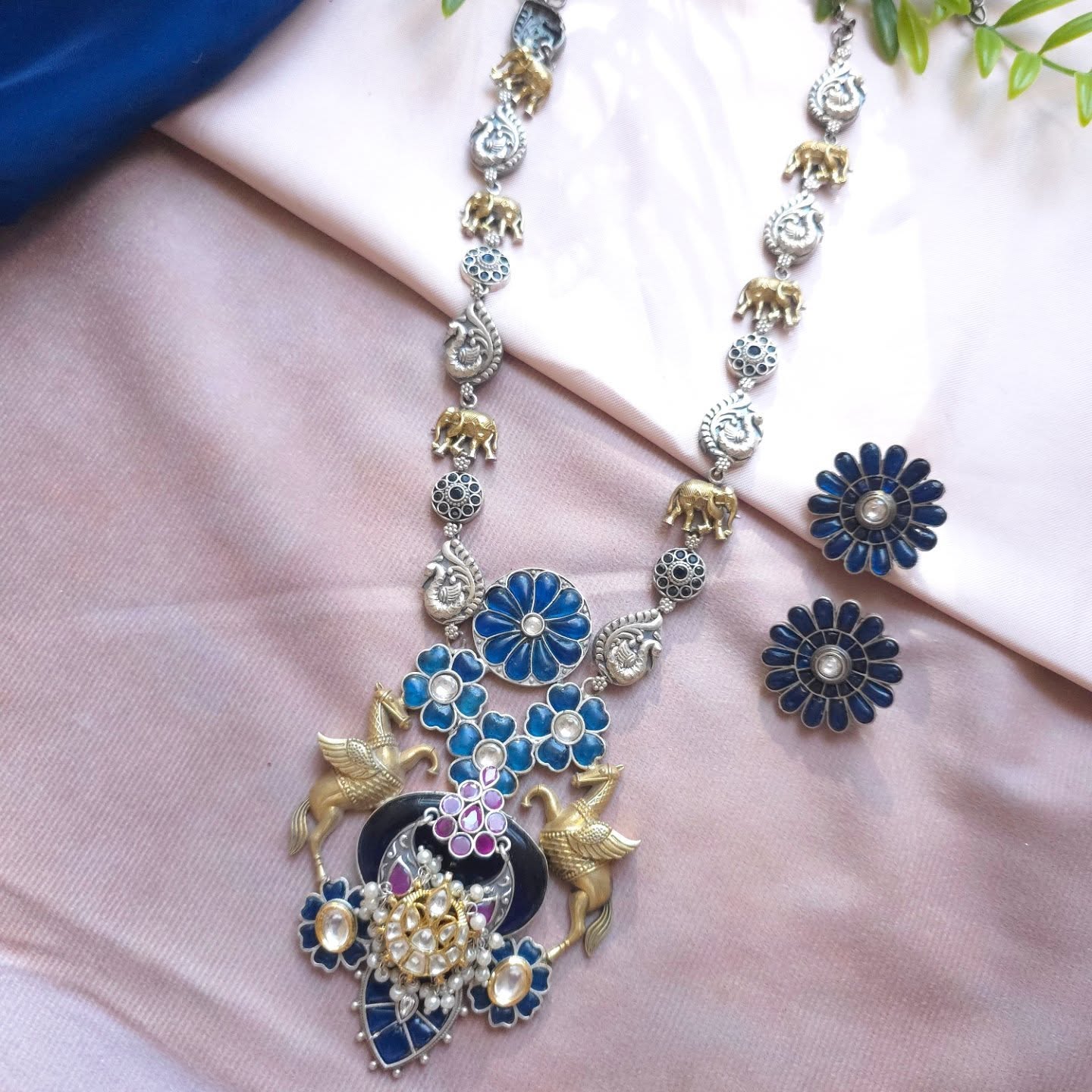 Silveralike Dualtone Brass Choker Blue Stone Necklace and Earring Set