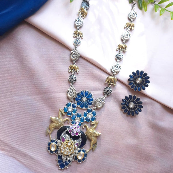 Silveralike Dualtone Brass Choker Blue Stone Necklace and Earring Set