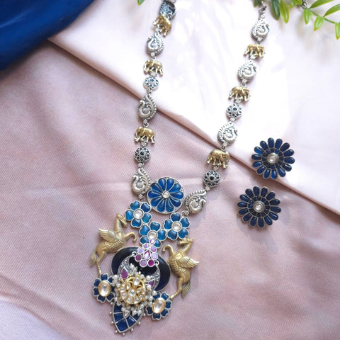 Silveralike Dualtone Brass Choker Blue Stone Necklace and Earring Set