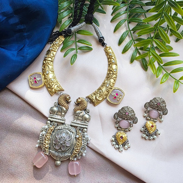 Real Silver Look Alike Kundan Brass Stone Hasli Necklace and Earring Set