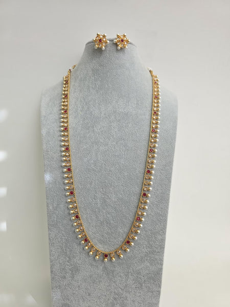 Ruby Long Antique Gold-plated Polki Pearl Mala Necklace