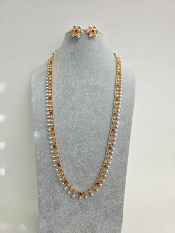 Ruby Long Antique Gold-plated Polki Pearl Mala Necklace