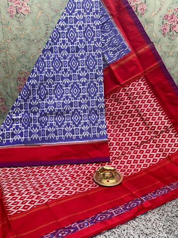 Blue and Red Pure Ikkat Double Weaving Silk Saree