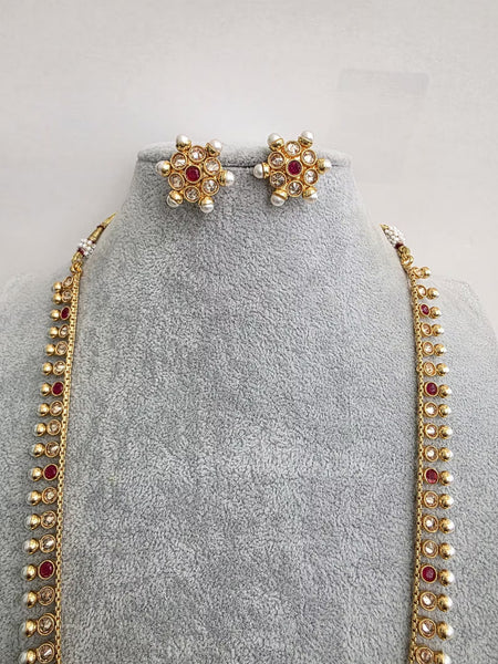 Ruby Long Antique Gold-plated Polki Pearl Mala Necklace