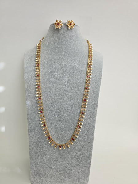 Ruby Long Antique Gold-plated Polki Pearl Mala Necklace