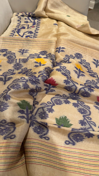 Navy Blue Handwoven Pure Tussar Silk Jamdani Saree