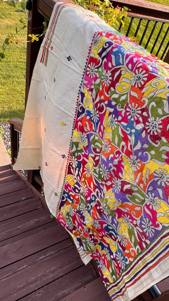 Pure Tussar Silk Kantha Stitched Embroidered Saree