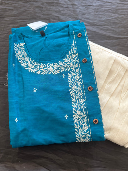 Men's Kurta Pant Set in Turquoise Blue Color with Cream Patiala Pants