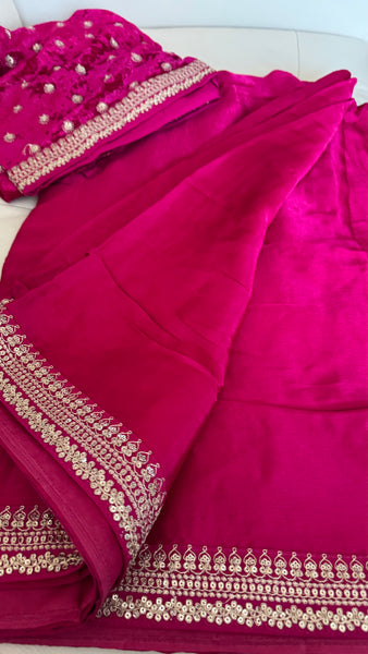Fuchsia Pink Crepe Silk Saree with Zardosi Border