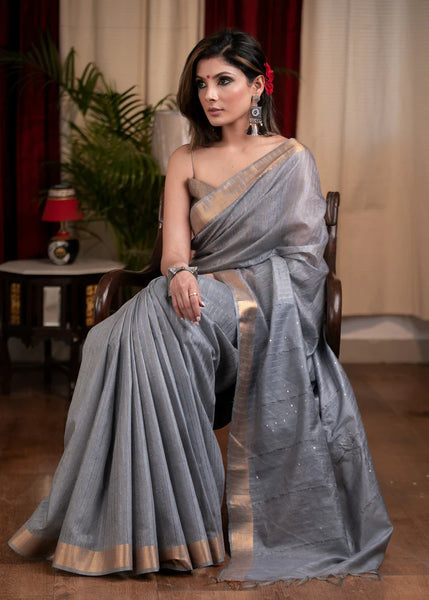 STRIPED, GREY KOTA SILK SAREE