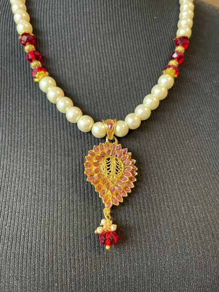 Pearl Necklace with Ruby Gold Plated Pendant Necklace with Earrings