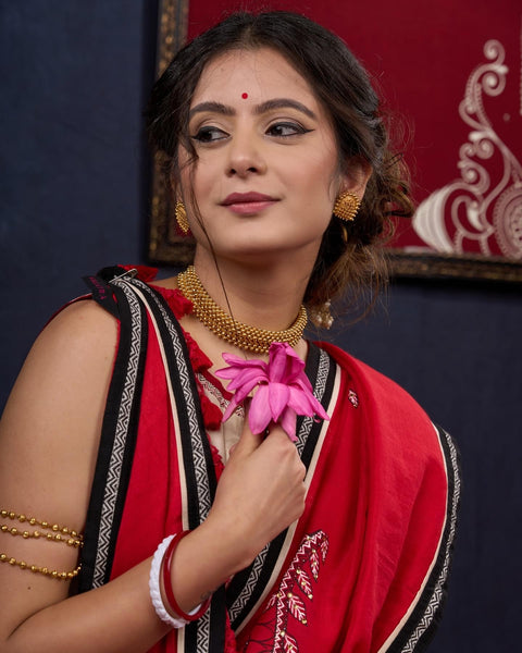 Red Handpainted Bengal Cotton Saree
