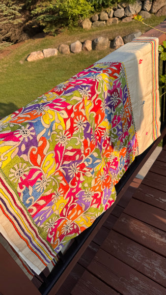 Pure Tussar Silk Kantha Stitched Embroidered Saree