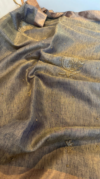 Dual Tone Grey Silver Gold Tone Tissue Linen Saree