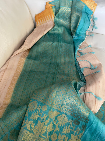 Soft Tussar Silk in Teal and Orange with Ganga Jamuna Border