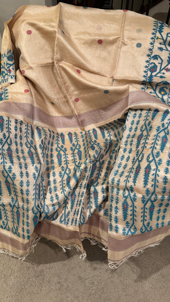 Teal Handwoven Pure Tussar Silk Jamdani Saree